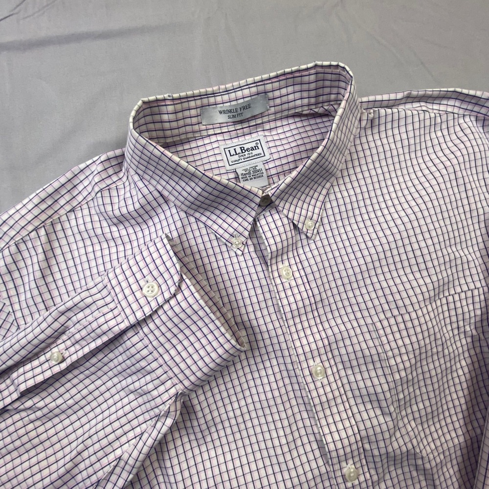 L.L.Bean Mens Slim Fit Wrinkle Free Dress Shirt Pink Blue Check 17.5 35 Cotton